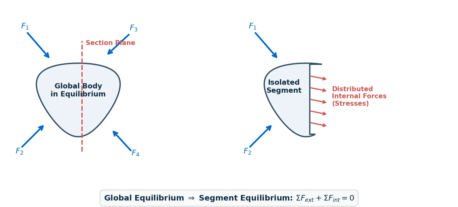 When a body is in global equilibrium, any isolated segment is balanced by internal forces (stresses) distributed across the cut section.