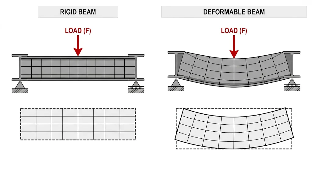 Rigid bodies maintain constant geometry under force, whereas deformable bodies undergo dimensional change.