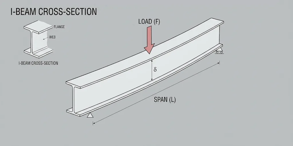 This diagram illustrates a steel beam undergoing exaggerated vertical bending deflection under a concentrated downward load.