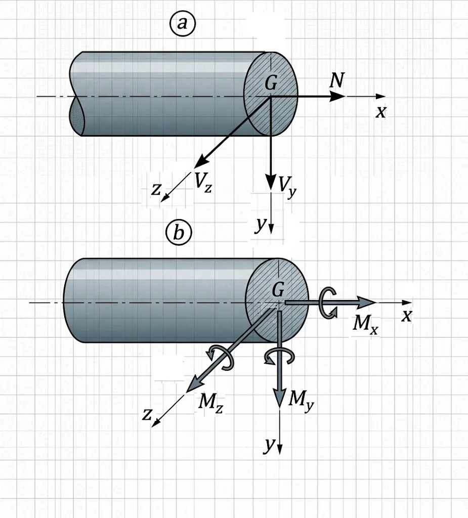 The 3 internal force and 3 internal moment components acting at the centroid G