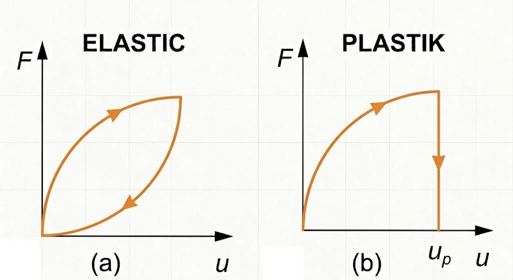 Loading–unloading behavior of elastic and plastic materials.